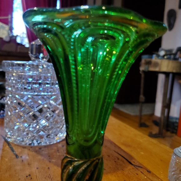 Antique EAPG Green Glass Bud Vase Gold Trim Zipper Bubbles OLD - Picture 3 of 9